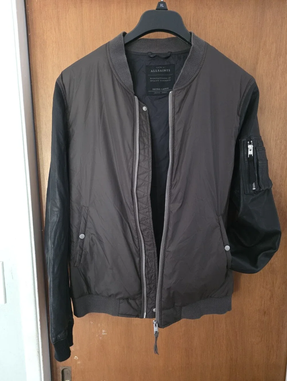Men's AlI Saints Army Green Black MANTA Leather sleeves Bomber Jacket XL NWOT